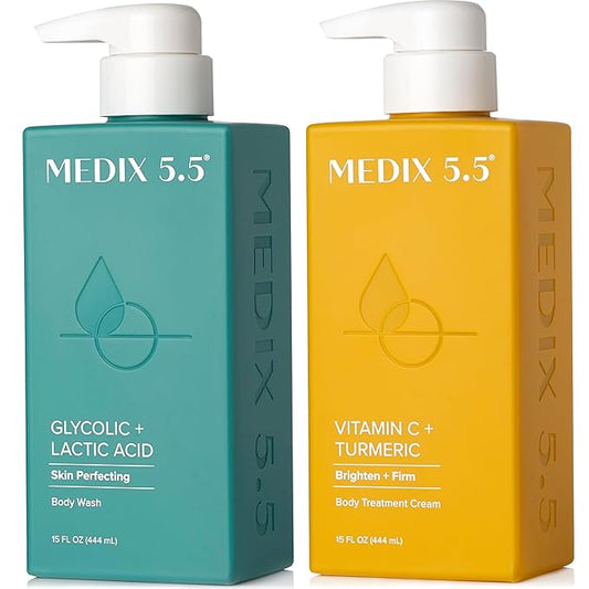 MEDIX 5.5 Exfoliating AHA Glycolic Acid Face & Body Scrub Cleanser + Vitamin C Moisturizing Body Cream Lotion Skin Care 2PC Set | Alpha Hydroxy Acid & Lactic Acid Foaming Body Wash & Face Wash, 2-PC-BrightBean Baby