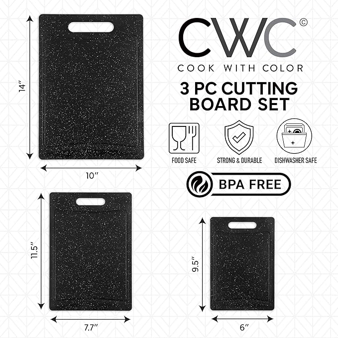 COOK WITH COLOR Non-Slip Cutting Board Set – Kitchen Essentials with Easy Grip Handle for Meat, Veggies, and Fruits, 3 Cutting Boards, Speckled Black