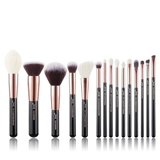 Jessup Makeup Brushes, Labeled Makeup Brush Set Premium Synthetic and Natural Hair Foundation Powder Concealer Eyeshadow Blending 15pcs Brush Kit, Rose Gold/Black T160-BrightBean Baby