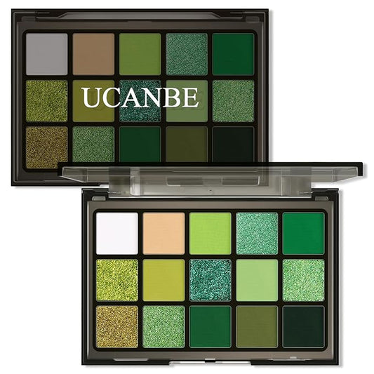 UCANBE Green Eyeshadow Makeup Palette, 15 Colors Bright Dark Green Shimmer Matte Metallic Glitter Eye Shadow, Forest Emerald Lime Pallet Kit for Cosplay Parties Christmas Halloween SFX-BrightBean Baby