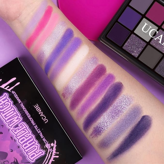 UCANBE Purple Eyeshadow Makeup Palette, 15 Colors Dark Smokey Shimmer Matte Metallic Glitter Eye Shadow Pallet, Violet Lavender Pink Make Up Kit for Cosplay Halloween Ursula Witch Costume Parties-BrightBean Baby