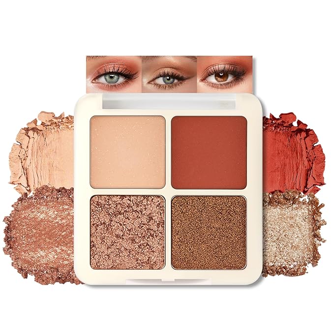 Erinde Quads Matte Eye Shadow Powder Makeup Palette, Nude Neutral Brown & Champagne Pink Shimmer Eyeshadow, Long Wearing Waterproof Everyday Eye Makeup, sombras de ojos, Maple Champagne-BrightBean Baby