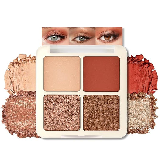 Erinde Quads Matte Eye Shadow Powder Makeup Palette, Nude Neutral Brown & Champagne Pink Shimmer Eyeshadow, Long Wearing Waterproof Everyday Eye Makeup, sombras de ojos, Maple Champagne-BrightBean Baby