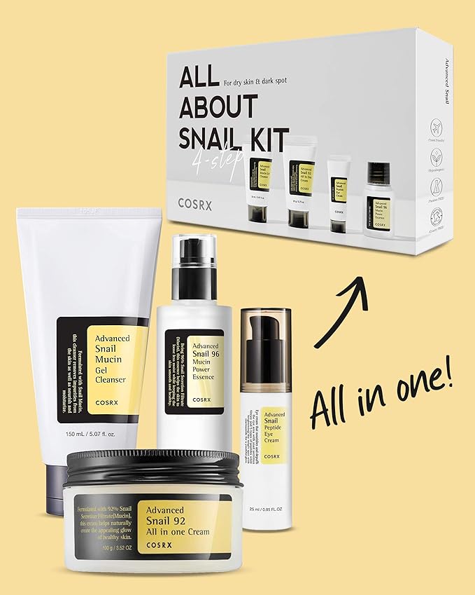 COSRX All About Snail Korean Skincare | TSA Approved Travel Size, Gift Set with Face Gel Cleanser, Essence, Cream & Eye-cream, Repairing, Recovering, Rejuvenating Kit with Snail Mucin, Korean Skincare-BrightBean Baby