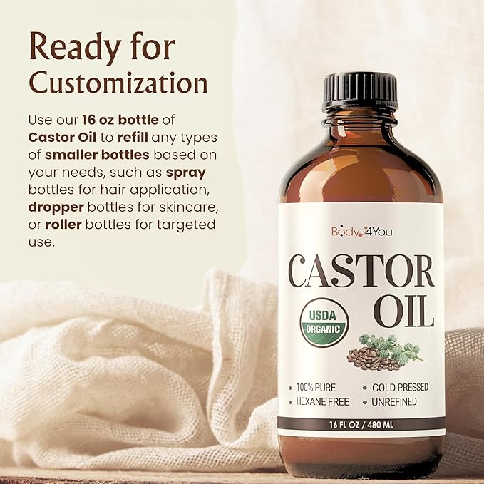 BodyJ4You Castor Oil for Eyelashes Eyebrows - 100% Pure Natural USDA Organic Cold Pressed - Hydrating Skin Hair Growth Oil Lashes Scalp - Non-GMO Hexane Free Unrefined Carrier - Glass Bottle 16 Fl Oz-BrightBean Baby