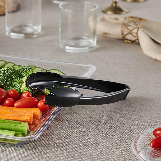 [Black Tongs 9'' Inches] Plasticpro 9'' Serving Tongs Heavy Duty Reusable Kitchen and BBQ Black Serving Tong for party's, Caterings, Events, Buffet, Weddings, And every Day use Pack of 12