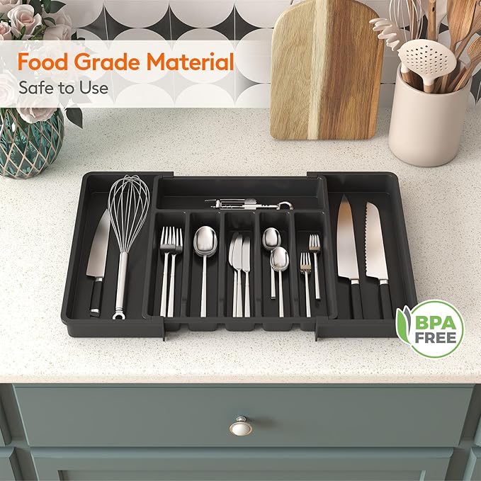 Lifewit Large Silverware Drawer Organizer, Expandable Utensil Tray for Kitchen, BPA Free Flatware and Cutlery Holder, Adjustable Plastic Storage for Spoons Forks Knives, Large, Black