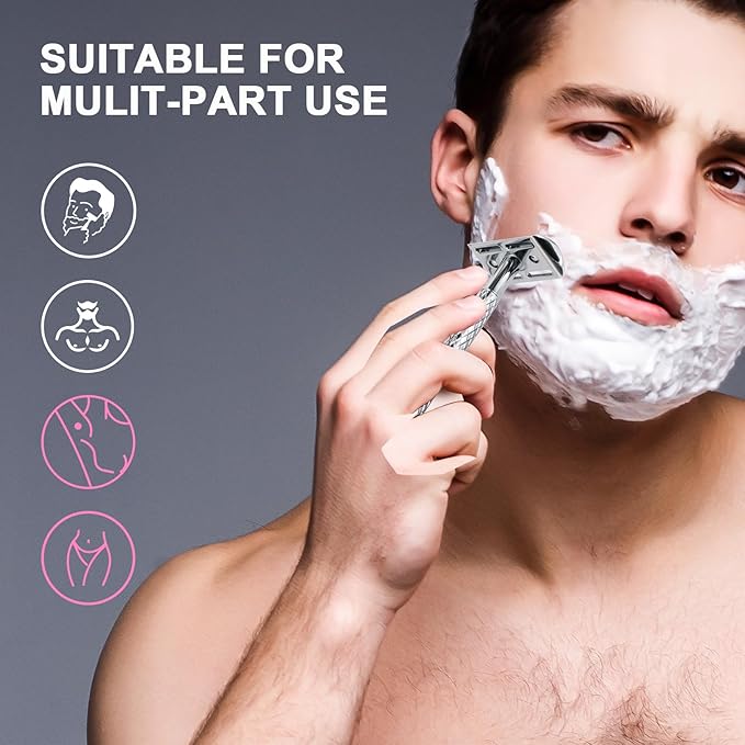 Double Edge Safety Razor for Men with Stand and Silicone Cover - Durable Metal Eco-Friendly Single Blade Safety Razor with 10 Blades- Closed Smooth Shave (Silver)-BrightBean Baby