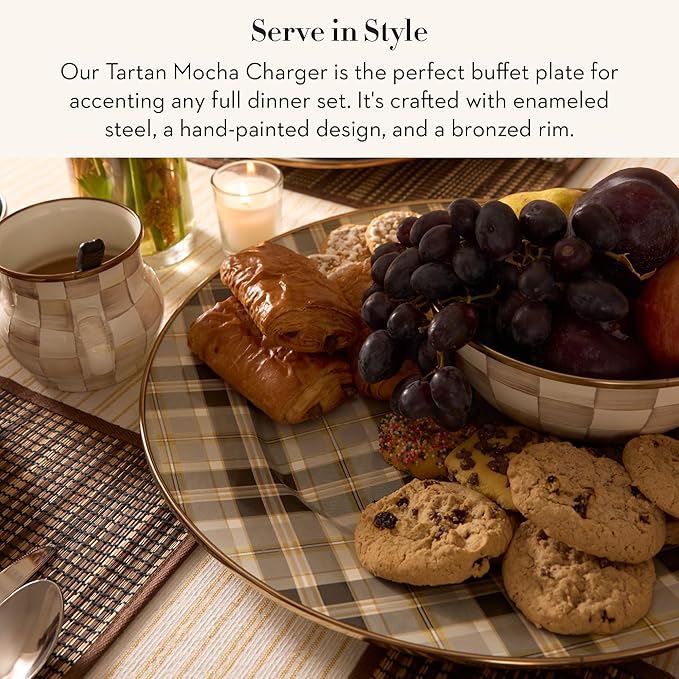 MACKENZIE-CHILDS Enamel Charger Plate, Charger Decoration Plate for Dinner Plates or Home Decor, 12 Inches, Brown-and-Gold Tartan Mocha