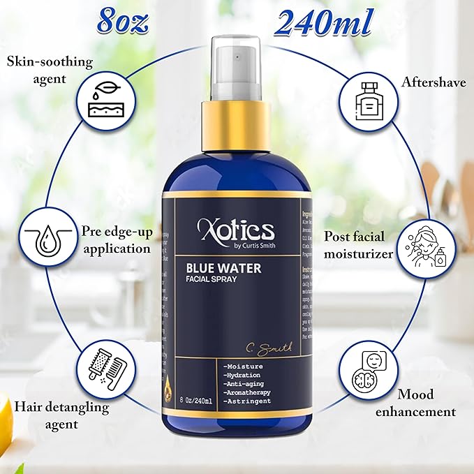 Xotics Blue Water Facial Spray - 8oz - Hydrating Face Mist with Aloe Vera - Refreshing Toner for Men & Women, Aftershave, Daily Moisturizing Splash for All Skin Types-BrightBean Baby