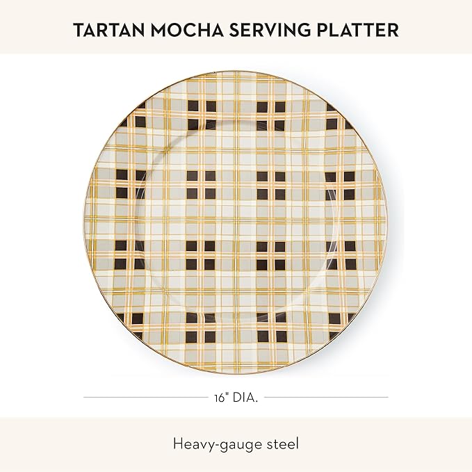 MACKENZIE-CHILDS Enamel Serving Platter, Decorative Serving Platter for Food, 16 Inches, Brown-and-White Tartan Mocha