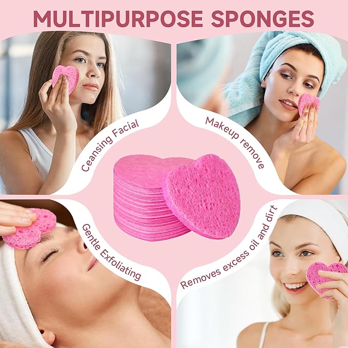 100 Count Compressed Pink Facial Sponges | 100% Natural Cellulose Eco-Friendly Makeup Sponges for Gentle Cleansing, Exfoliating & Stubborn Makeup Removal | Travel & Home Beauty Essentials for Women-BrightBean Baby