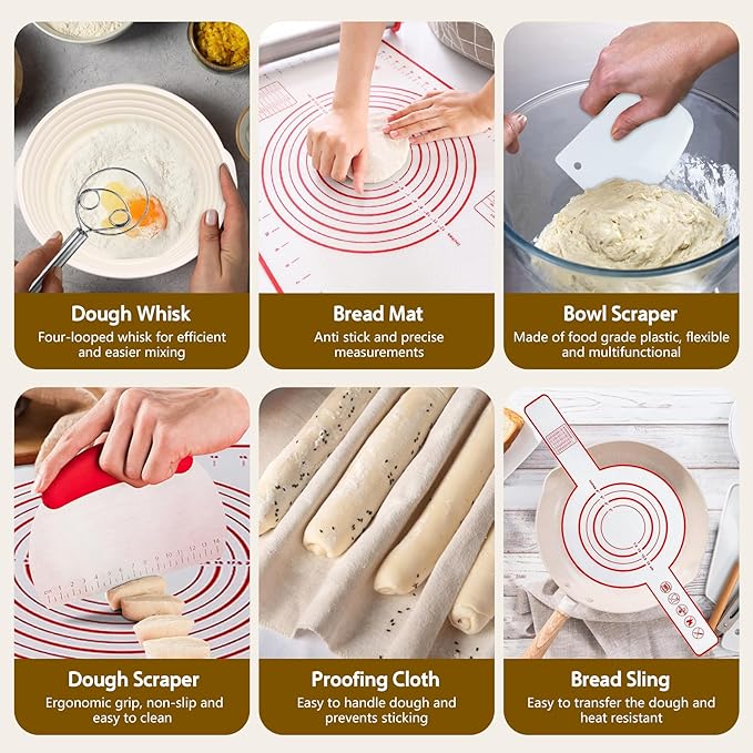 Aliggbent Silicone Banneton Bread Proofing Baskets, 10'' Oval ＆ 9'' Round Foldable Sourdough Bread Baking Supplies 18Pcs Sourdough Starter Kit Easy-to-Clean Proofing Baskets for Sourdough Bread Baking