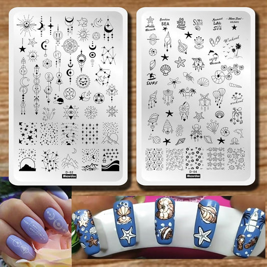 2pcs Sun Moon Star Nail Plates Stamping Set Sea Shell Pattern Stamp Templates Geometry Flowers Nail Art Stamper Plates for DIY Print Manicure Salon Design Gift Supplies 9.5x14.5CM-BrightBean Baby