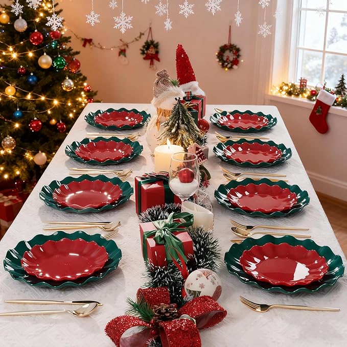 LIYH 50 Pcs Dark Green Plastic Plates Reusable Christmas Plastic Plates Green Christmas Plate Unbreakable Holiday Dinnerware Set Fancy Scalloped Plate Dishwasher Safe BPA Free (25Guests)