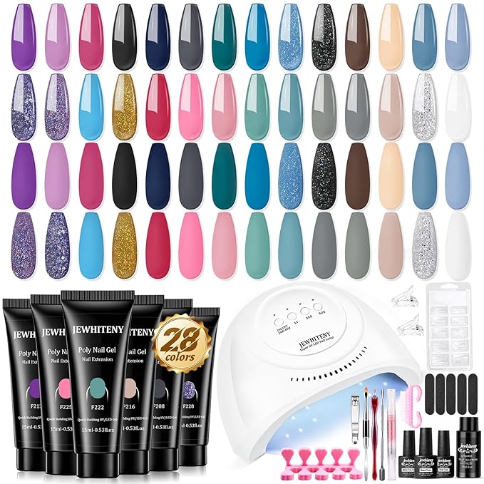 JEWHITENY 28 Colors Poly Nail Gel Kit with Base Top Coat Purple Blue Yellow Nude Pink Glitter Shades Quick-Dry for Beginners DIY Need U V Lamp Curing-BrightBean Baby