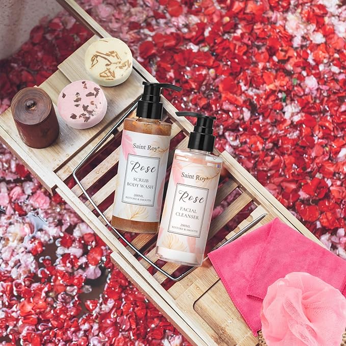 Spa Gifts for Women，10pcs Self Care Kit ROSE Scented with Facial Cleanser, Scrub Body Wash, Facial Clay Mask, Facial, Essential Oil, Birthday Gifts Skin Care Set, Mothers Day Gifts Ideas-BrightBean Baby