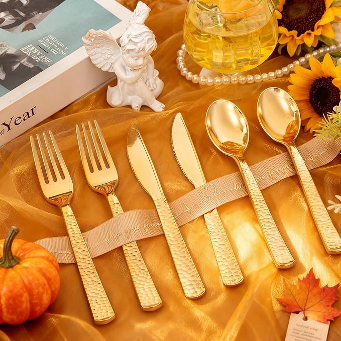 KIRE 400PCS Gold Plastic Silverware - Extra Heavy Duty Hammered Silverware Disposable Set, Gold Utensils Set Include 200 Forks,100 Knives,100 Spoons for Thanksgiving Party, Wedding