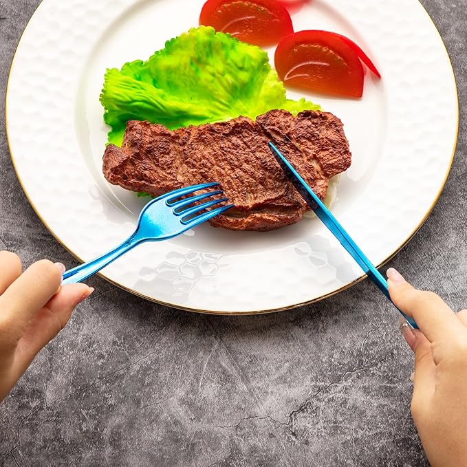 Supernal 240pcs Blue Plastic Silverware,Party Disposable Utensils,Plastic Silverware Heavy Duty Include 80 Forks,80 Knvies,80 Spoons,Premium Disposable Cutlery Shine Blue for Birthday,Party