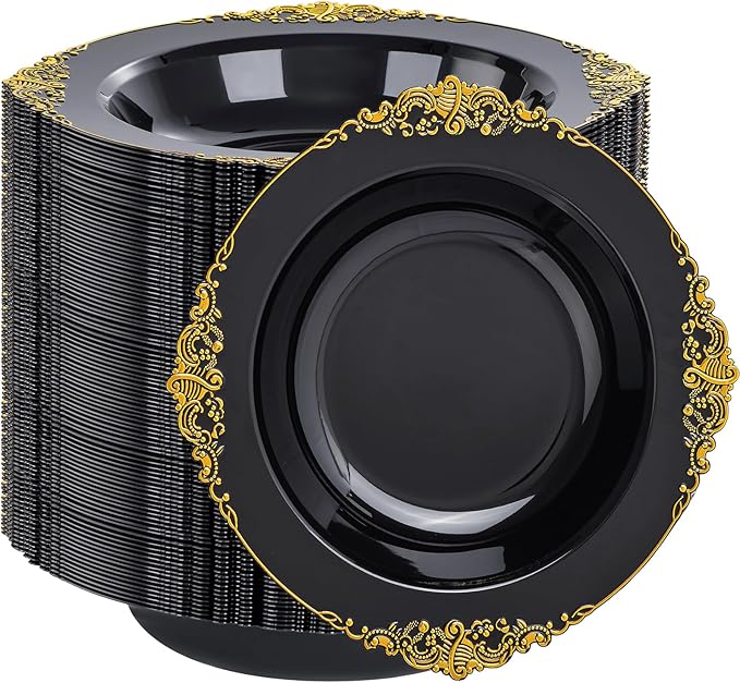 100PCS Black Plastic Bowls - 12 oz Black Gold Disposable Salad Bowls - Heavy Duty Soup Serving Bowl - Fancy Plastic Candy Bowl for Weddings, Parties, Dinners, Catering, Picnics, New Year Party
