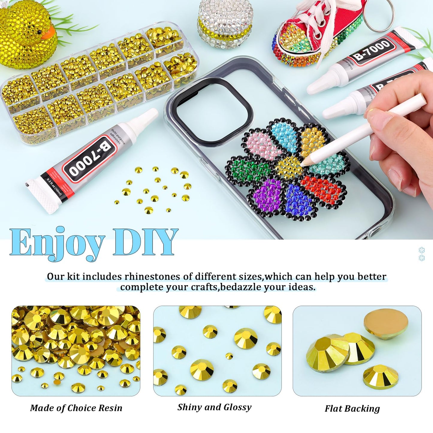 6000Pcs Resin Rhinestones for Bedazzling with 3Pcs B7000 Jewelry Glue, 1 Box Bright Gold Flatback Rhinestones for Crafting Crafts DIY, Crystals Gems for Clothing Shoes Tumblers Nail Art Makeup-BrightBean Baby