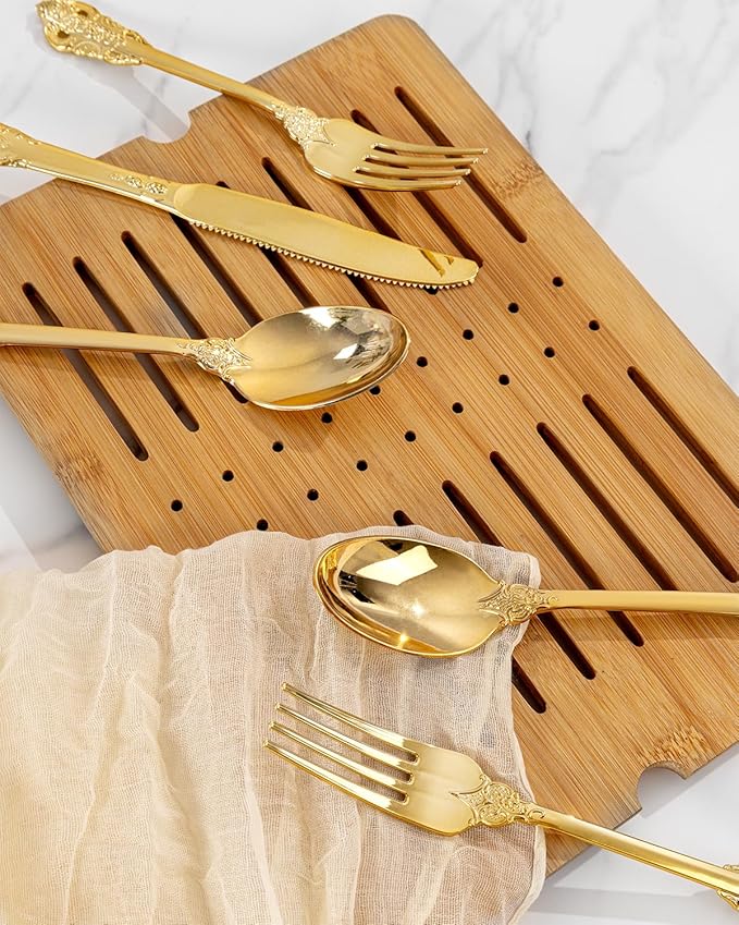 bUCLA 300PCS Gold Plastic Silverware Disposable - Heavy Duty Plastic Cutlery - Gold Disposable Utensils Set - Include 100 Knives, 100 Forks, 100 Spoons for Party & Thanksgiving