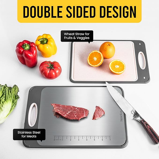 2 Pack Double Sided Stainless Steel Cutting Board Set - 16x11" + 14x9" - Non Slip Chopping Boards for kitchen with Deep Juice Groove, Built-In Measurement Scale, Garlic Grater, & Easy to Clean