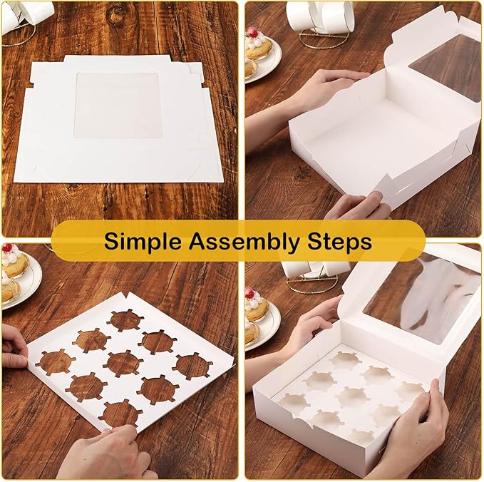16 Sets of 9-Count White Cupcake Boxes with Window and Insert, 9x9x3 Inch, Suitable for Cupcakes, Muffins, and Cookies
