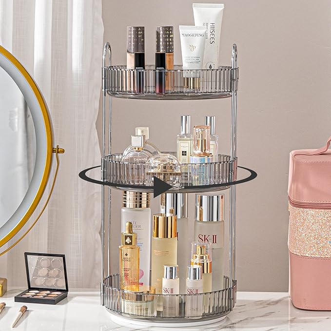 Rotating Makeup Organizer for Vanity, High-Capacity Skincare Clear Make Up Storage Perfume Organizers Cosmetic Dresser Organizer Countertop 360 Spinning (Gray, 3 Tier)-BrightBean Baby