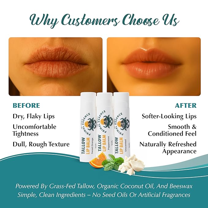 Moisturizing Tallow Lip Balm – Grass-Fed Beef Tallow with Organic Coconut Oil, Beeswax, and Vitamin E – Lip Balm Set – Variety Pack – Travel Essential – 3-Pack-BrightBean Baby