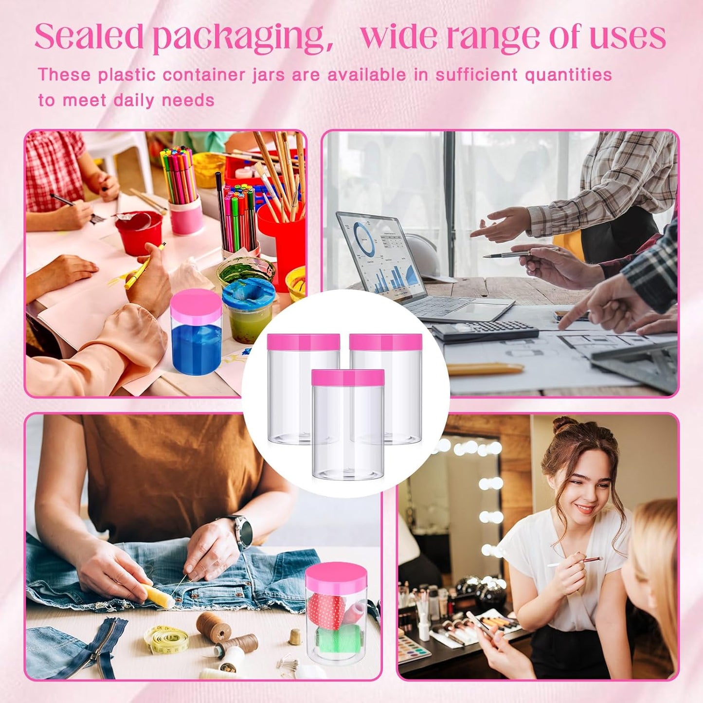 SATINIOR 100 Pcs Plastic Jars with Lids Small Containers Lids Wide Mouth Small Plastic Containers for Lotion Cream Rhinestones Body Butters Travel Storage(10 oz, Pink)-BrightBean Baby