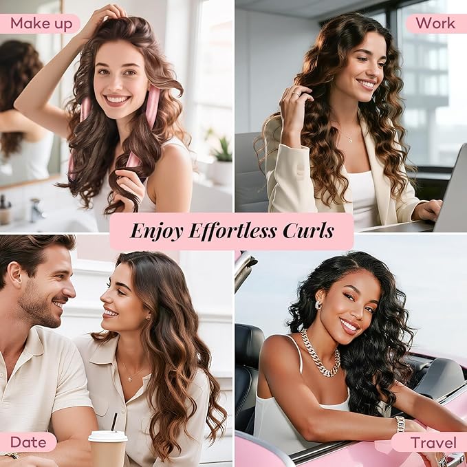 Umisleep 22 Momme 100% Mulberry Silk Heatless Hair Curler Set — Frizz-Free Hair Rollers for Women Long Hair, Overnight Heatless Curls, Upgraded Soft Flat Design with Clips & Scrunchies, Pink-BrightBean Baby