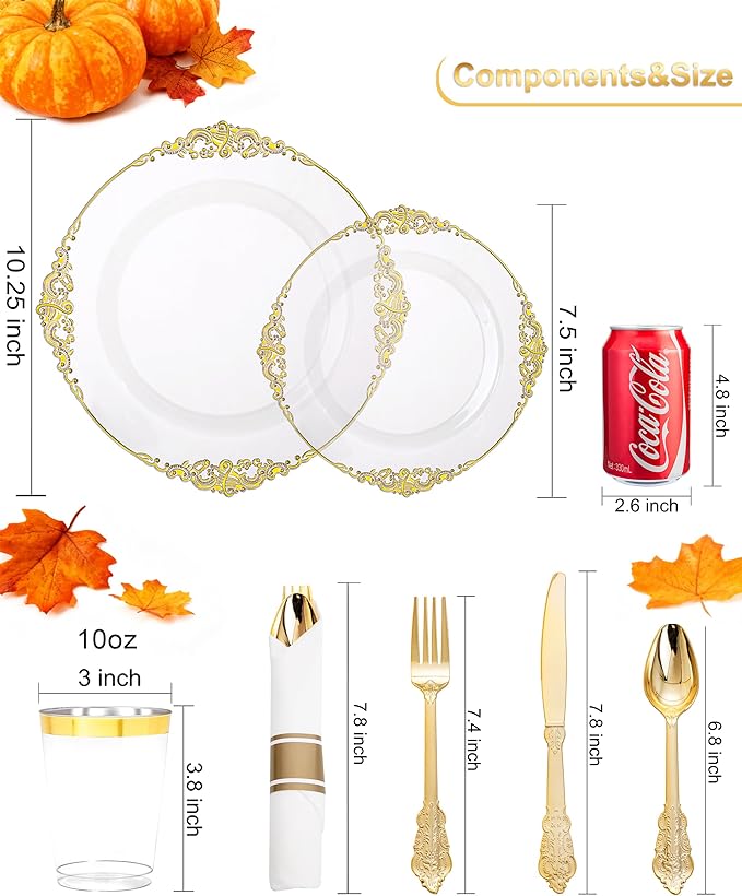 Nervure 350PCS Clear Gold Plastic Plates - Gold Plastic Dinnerware Sets for 50 Guests - 100 Disposable Plates, 150 Silverware, 50 Cups, 50 Napkins for Wedding & Party & Thanksgiving