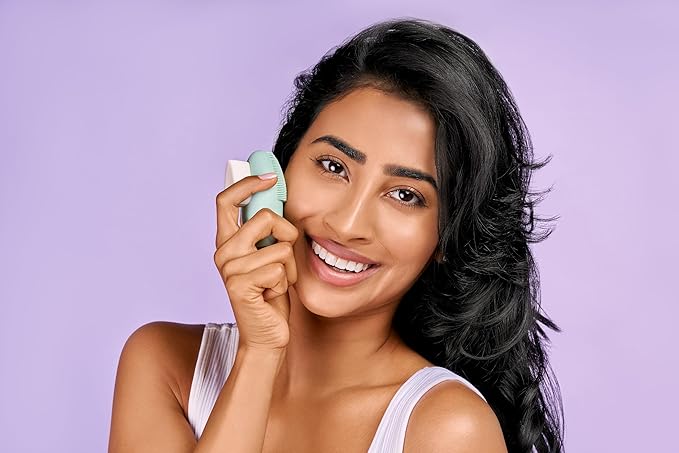 LOLLIPOP Dual-Sided Facial Cleansing Brush | Palm Size Silicone Face Exfoliator and Soft Fiber Cleanser | Manual Face Scrubber for Pores, Makeup Removal, Blackhead and Skincare Routine, Minty-BrightBean Baby