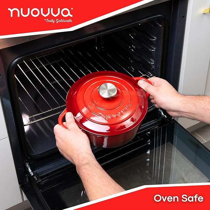 Cast Iron Pot with Lid – Non-Stick Ovenproof Enamelled Casserole Pot, Oven Safe up to 500° F – Sturdy Dutch Oven Cookware – Red, 5-Quart, 24cm – by Nuovva