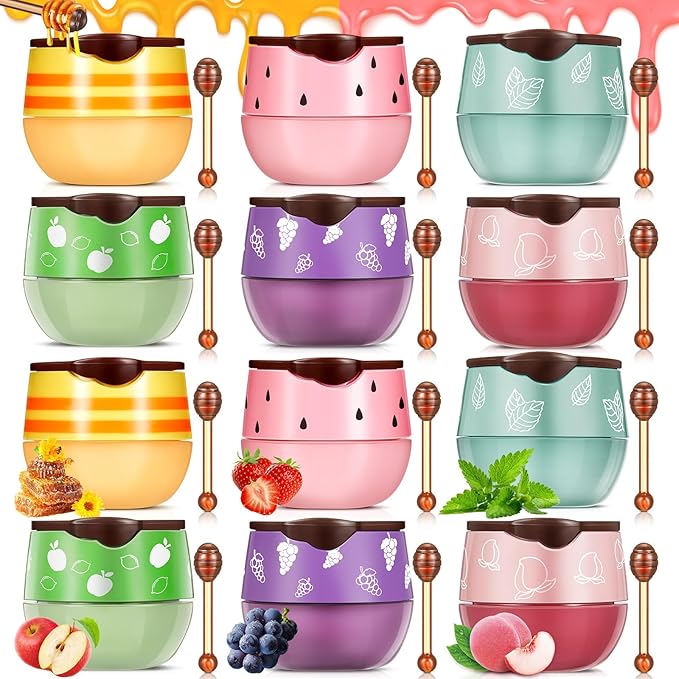 12 Pcs Bee Lip Balm Honey Pot with Brush Propolis Lip Mask Overnight, Moisturizing Hydrating Lip Sleeping Mask Prevention Dry and Cracked(Honey+Peach+Grape+Strawberry+Apple Lime+Mint)-BrightBean Baby