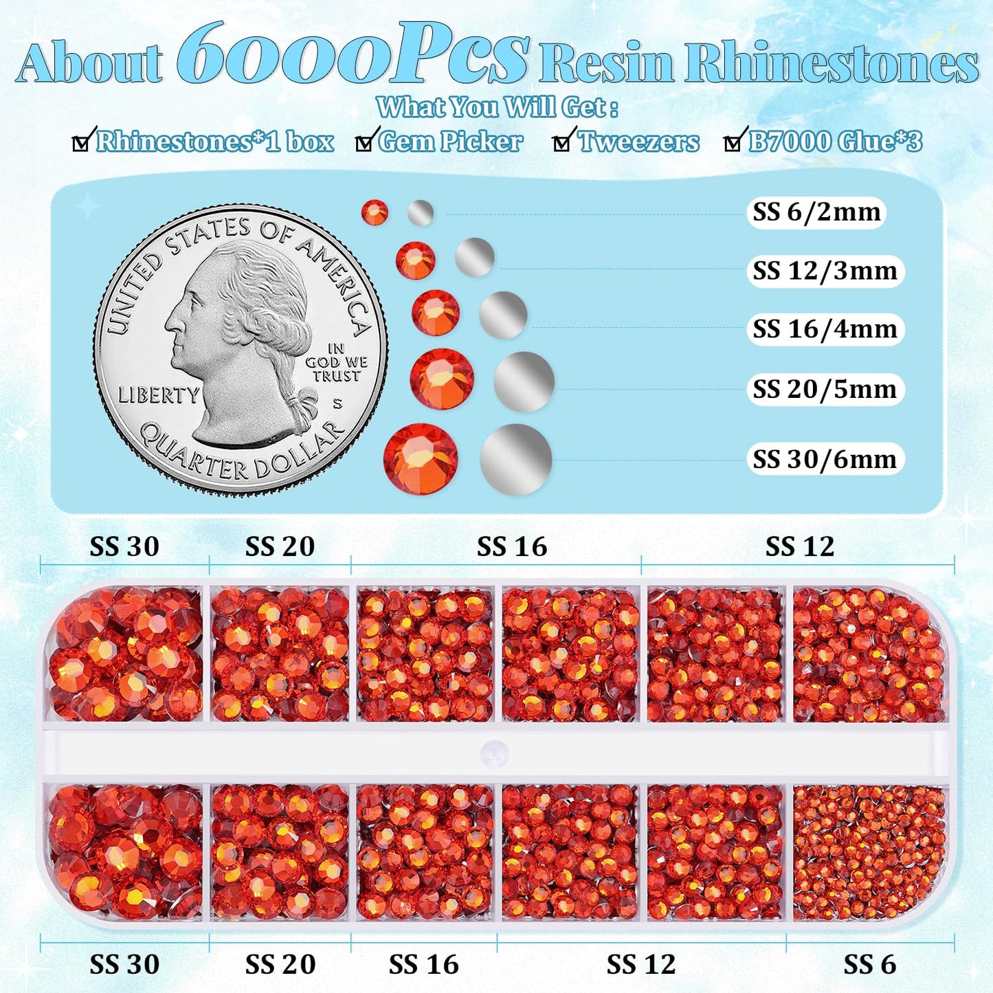 6000Pcs Resin Rhinestones for Bedazzling with 3Pcs B7000 Jewelry Glue, 1 Box Red Zircon Flatback Rhinestones for Crafting Crafts DIY, Crystals Gems for Clothing Shoes Tumblers Nail Art Makeup-BrightBean Baby