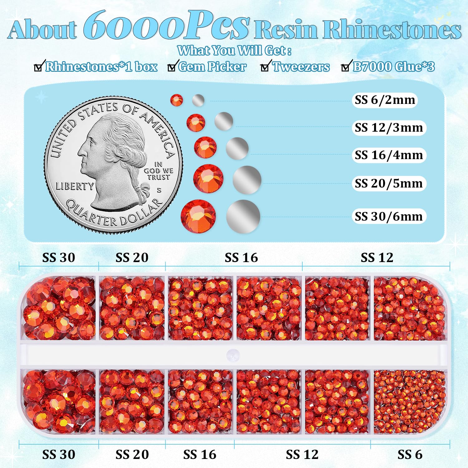 6000Pcs Resin Rhinestones for Bedazzling with 3Pcs B7000 Jewelry Glue, 1 Box Red Zircon Flatback Rhinestones for Crafting Crafts DIY, Crystals Gems for Clothing Shoes Tumblers Nail Art Makeup-BrightBean Baby