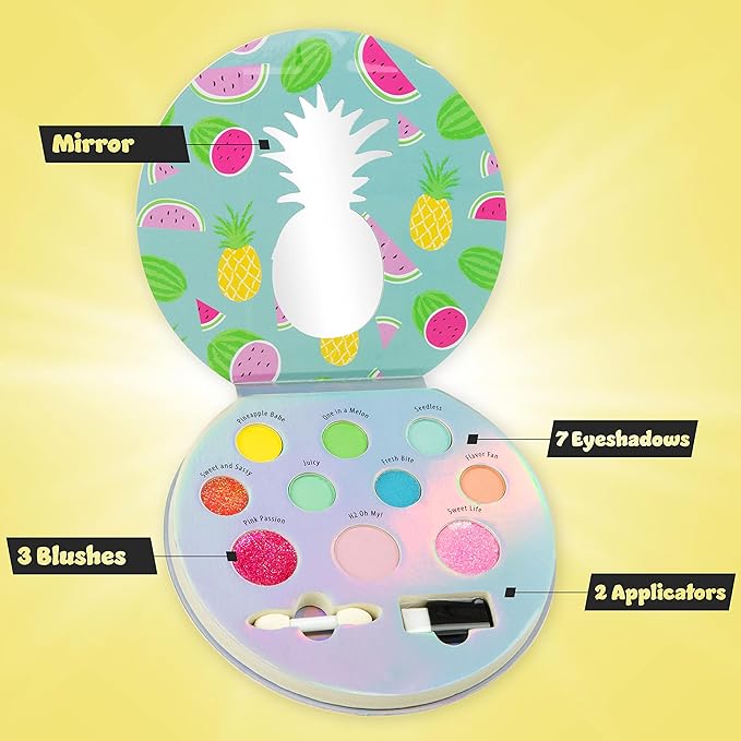 Expressions The Sweet Life Glisten & Glitter Makeup Palette 10 Color Eyeshadow Palette & Blush Makeup Novelty Beauty Set, Fold Out Compact with Mirror,Washable, Non-Toxic-BrightBean Baby