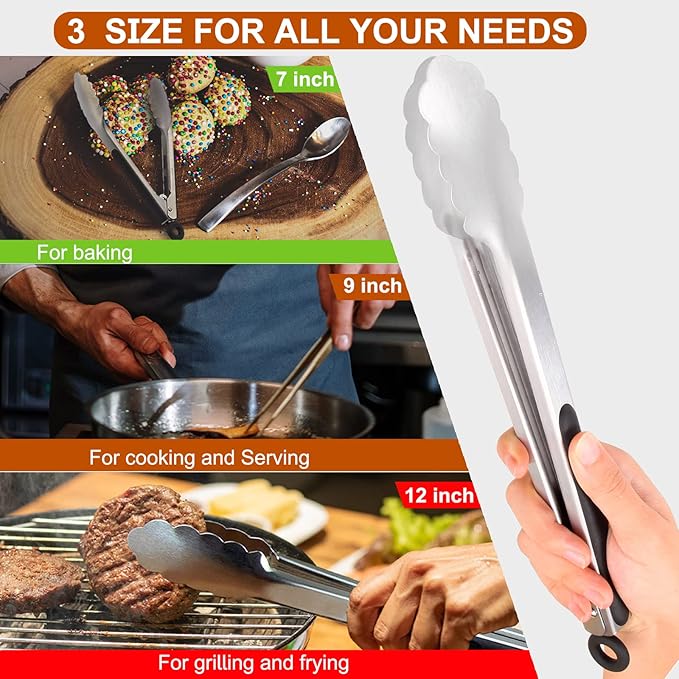 9 Pieces Stainless Steel Kitchen Tongs Grilling Locking Cooking Tongs Non-Slip Metal Food Tongs for Cooking, Salad and BBQ, 7, 9 and 12 Inch