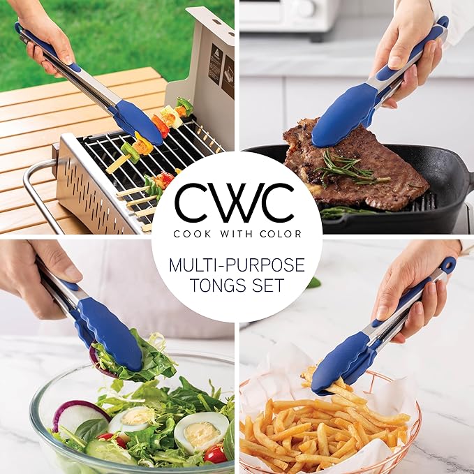 COOK WITH COLOR Stainless Steel Silicone Tipped Kitchen & BBQ Tongs Set, 3 Pc. Tongs, Blue