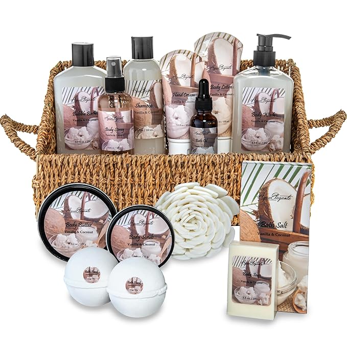 Bath Spa Gift Sets - Luxury Basket With Coconut & Vanilla - Spa Kit Includes Wash, Bubble Bath, Lotion, Bath Salts, Body Scrub, Shower Puff, Bathbombs, Soap in Wooden Basket-BrightBean Baby