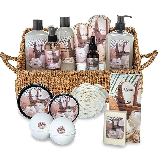 Bath Spa Gift Sets - Luxury Basket With Coconut & Vanilla - Spa Kit Includes Wash, Bubble Bath, Lotion, Bath Salts, Body Scrub, Shower Puff, Bathbombs, Soap in Wooden Basket-BrightBean Baby