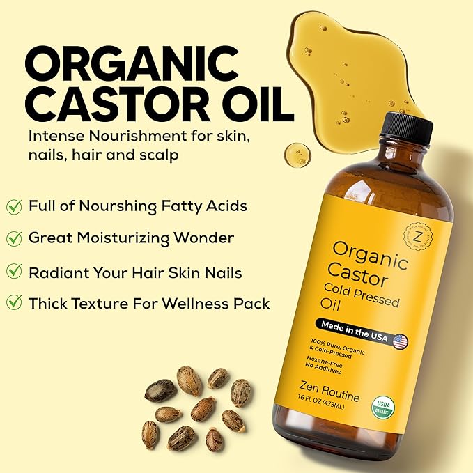 Zen Routine New (Glass Bottle) Organic Castor Oil 16oz – Hexane Free – Hair Growth Oil, Eye Lashes & Stomach, 100% Cold Pressed Unrefined Pure for Castor Pack Wrap – USDA Certified, Made in the USA-BrightBean Baby