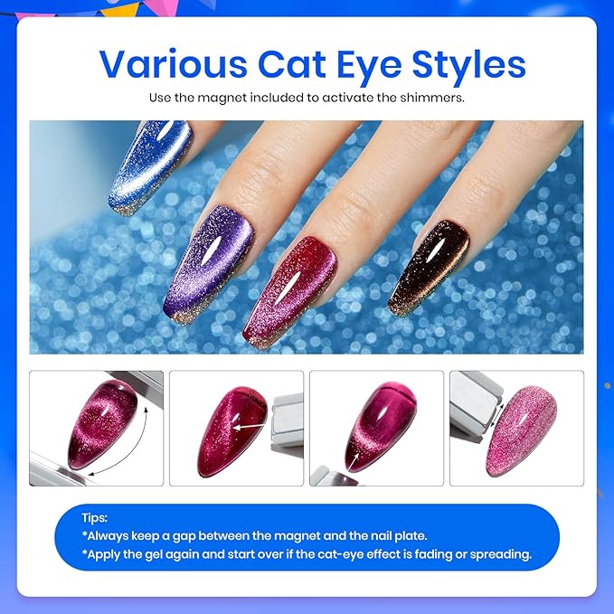 Beetles Cat Eye Gel Nail Polish Set-36 Colors Red Purple Brown Green Burgundy Magnetic Gel Nail Polish with Base Gel Glossy Matte Top Coat Magnet,Soak off UV Nail Gel DIY Nail Art Gift for Women-BrightBean Baby