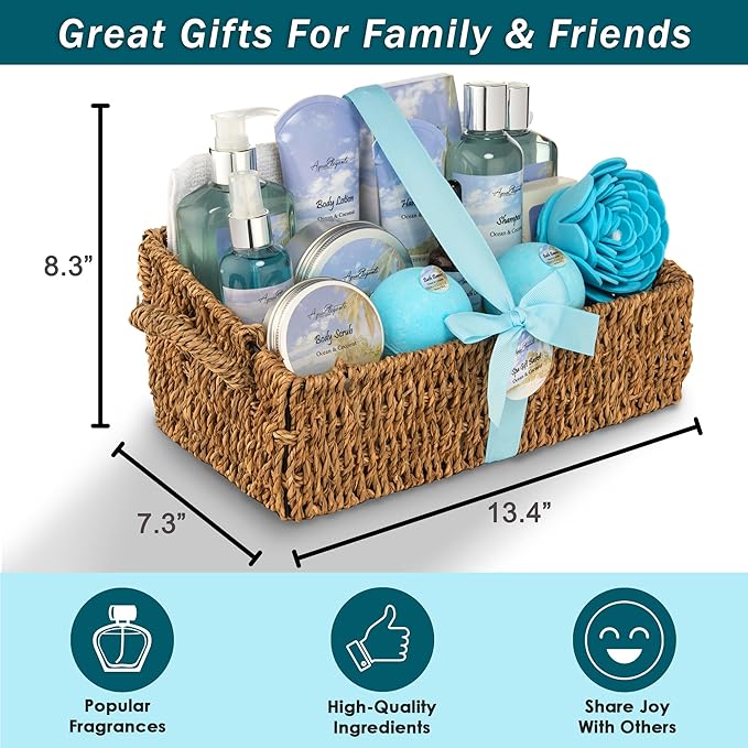 Bath Spa Gift Sets - Luxury Basket With Ocean & Coconut - Spa Kit Includes Wash, Bubble Bath, Lotion, Bath Salts, Body Scrub, Body Spray, Shower Puff, Bathbombs, Soap in Wooden Basket-BrightBean Baby