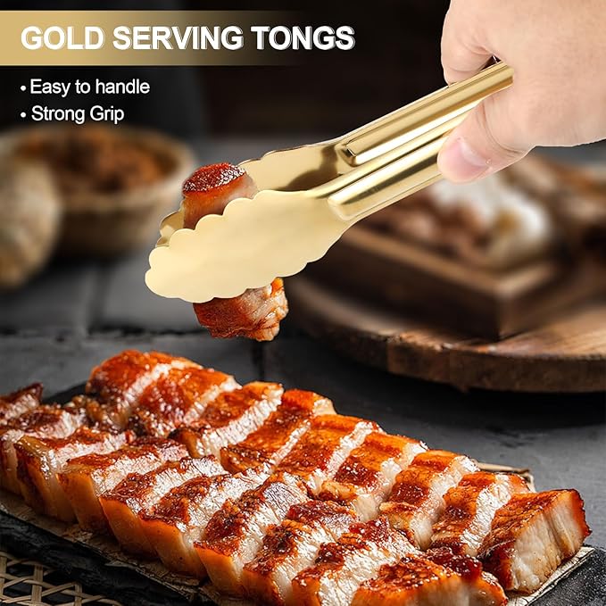 4 Pack Gold Tongs for Serving Food, 9 Inch Serving Tongs, Gold Buffet Tong Stainless Steel Utensils, Metal Kitchen Tong for Salad, Steak, Appetizer, Snack and Small Food (GOLD, 9INCH)