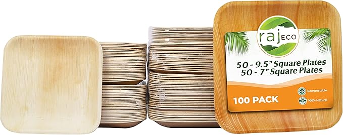 Raj Palm Leaf Plates Plates like Bamboo plates Disposable, Decorative Compostable Tableware for wedding, Lunch, Dinner, Birthday, Camping, Outdoor BBQ, Picnic (9.5"x50 7"x50 (100 Pack))