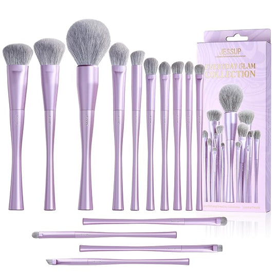 Jessup Makeup Brushes Set Professional 14pcs Vegan Make Up Brushes, Foundation Eyeshadow Concealer Contour Powder Blush Blending Eyeliner Brush, Premium Synthetic Fiber, Luxury Purple T512-BrightBean Baby