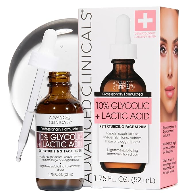 Advanced Clinicals Exfoliating 10% Glycolic Acid Serum For Face + Lactic Acid | Facial Exfoliant AHA + Salicylic Acid Serum To Improve Look Of Large Pores, Uneven Skin Tone, & Dark Spots, 1.75 FL Oz-BrightBean Baby
